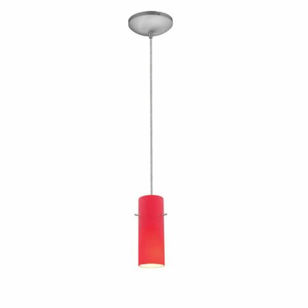 BARCO 28030-1C-BS-RED 1 Light Cylinder Glass Pendant in Brushed Steel with Red Glass 28030-1C-BS/RED